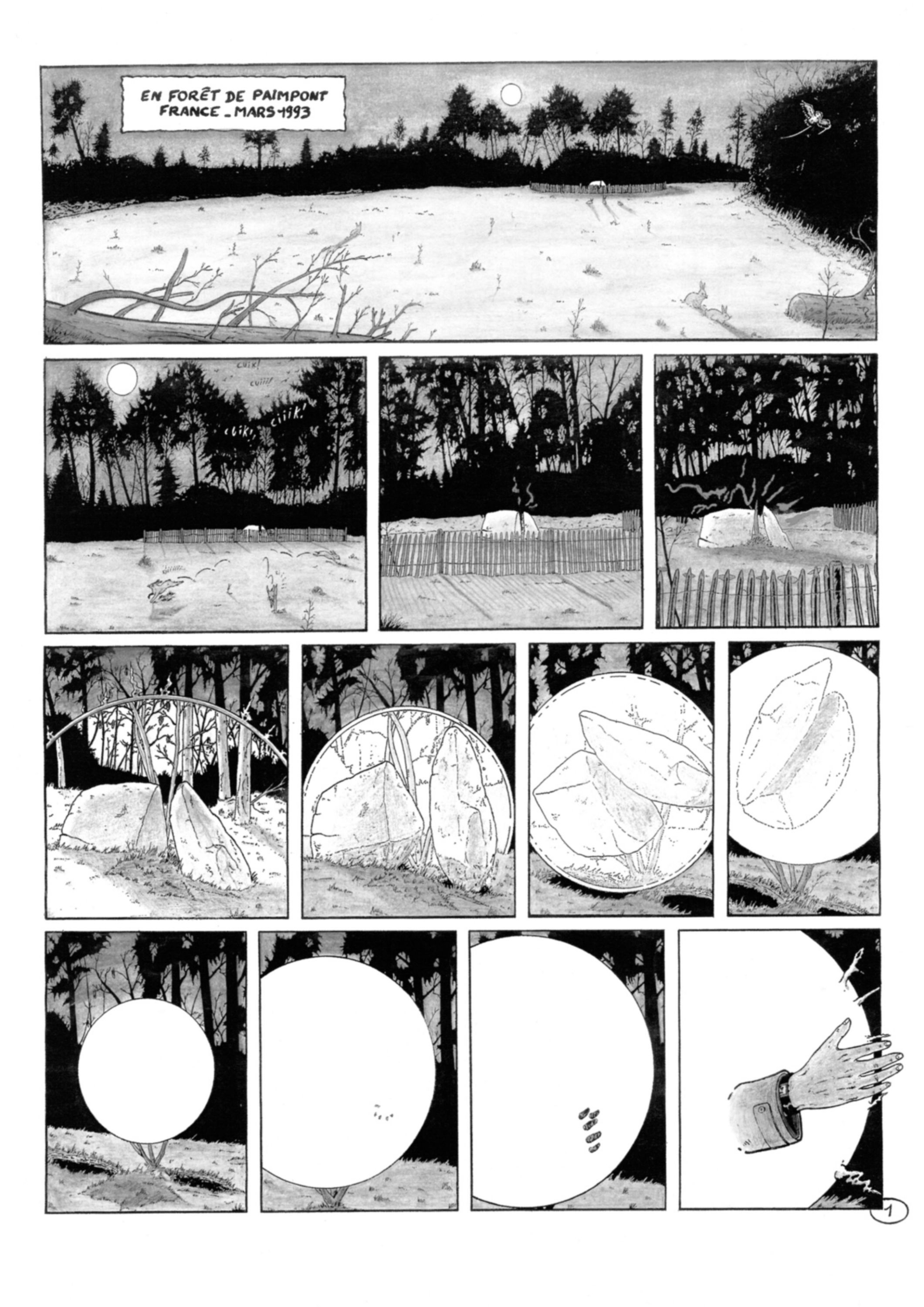 Planche de BD Brocéliande page 1 en forêt de Painpont France de nuit dans un champ en friche il y a un ensemble de deux grosses pierres soudainement l'ensemble est entouré d'un halo de lumière l'ensemble de pierres commence à sortir du sol à environ un mètre de hauteur l'ensemble se met à tournoyer pour finir en une grosse boule lumineuse en cette nuit de pleine lune sans crier gare de la boule de feu électrisée surgit une main humaine.