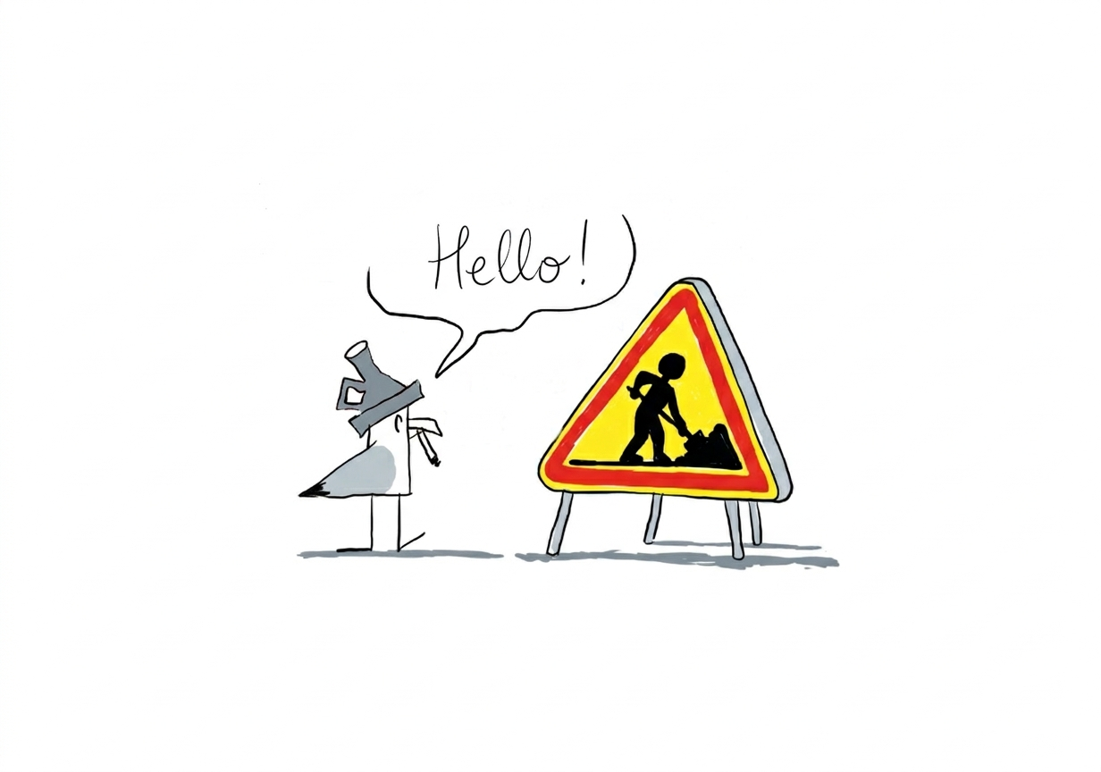 This drawing 1/2 depicts the character Pat Le Cania leaving his house and meeting a man in work clothes on the pavement. He says ‘Hello!’ to the worker.