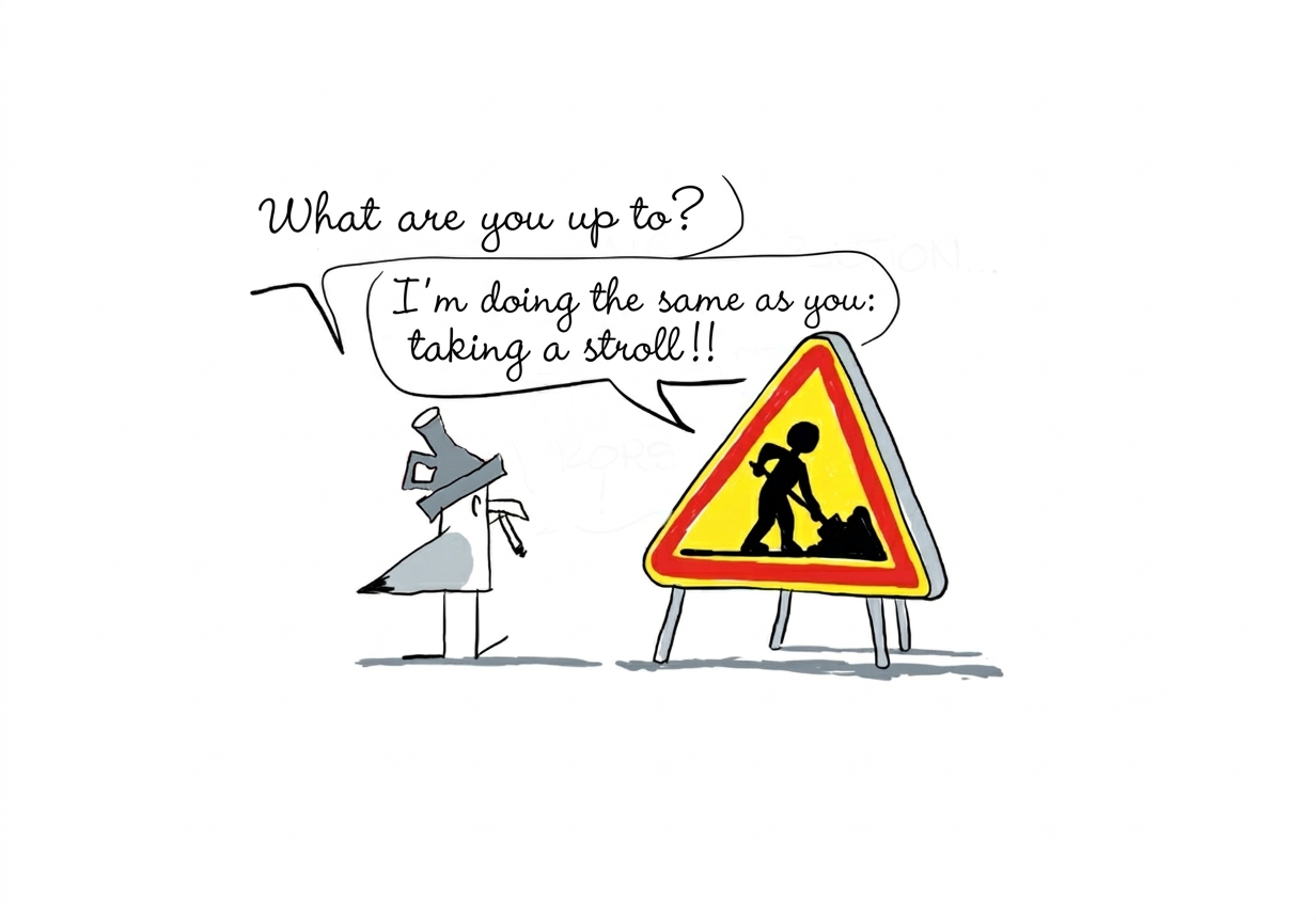 This 2/2 drawing shows the character Pat Le Cania who, leaving his home, meets a man on the pavement in his work clothes. He asks the worker what nice thing you do? I go for a walk!